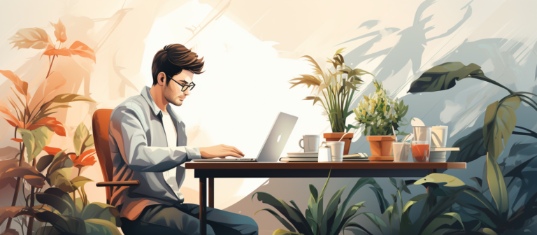 Profissional trabalha no notebook em um home office com plantas