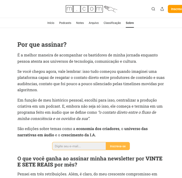 Página Sobre da newsletter de Mauro Amaral no Substack, com os benefícios para assinantes